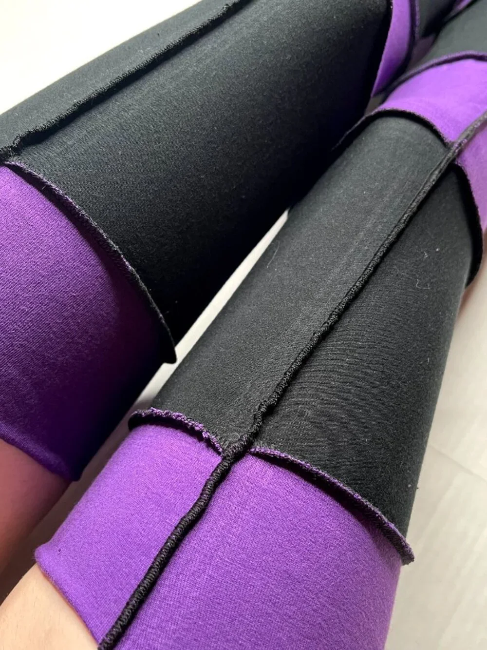 ORGANIC COTTON Striped Leg Warmers Black Purple Patchwork Leggings Knee Socks OS